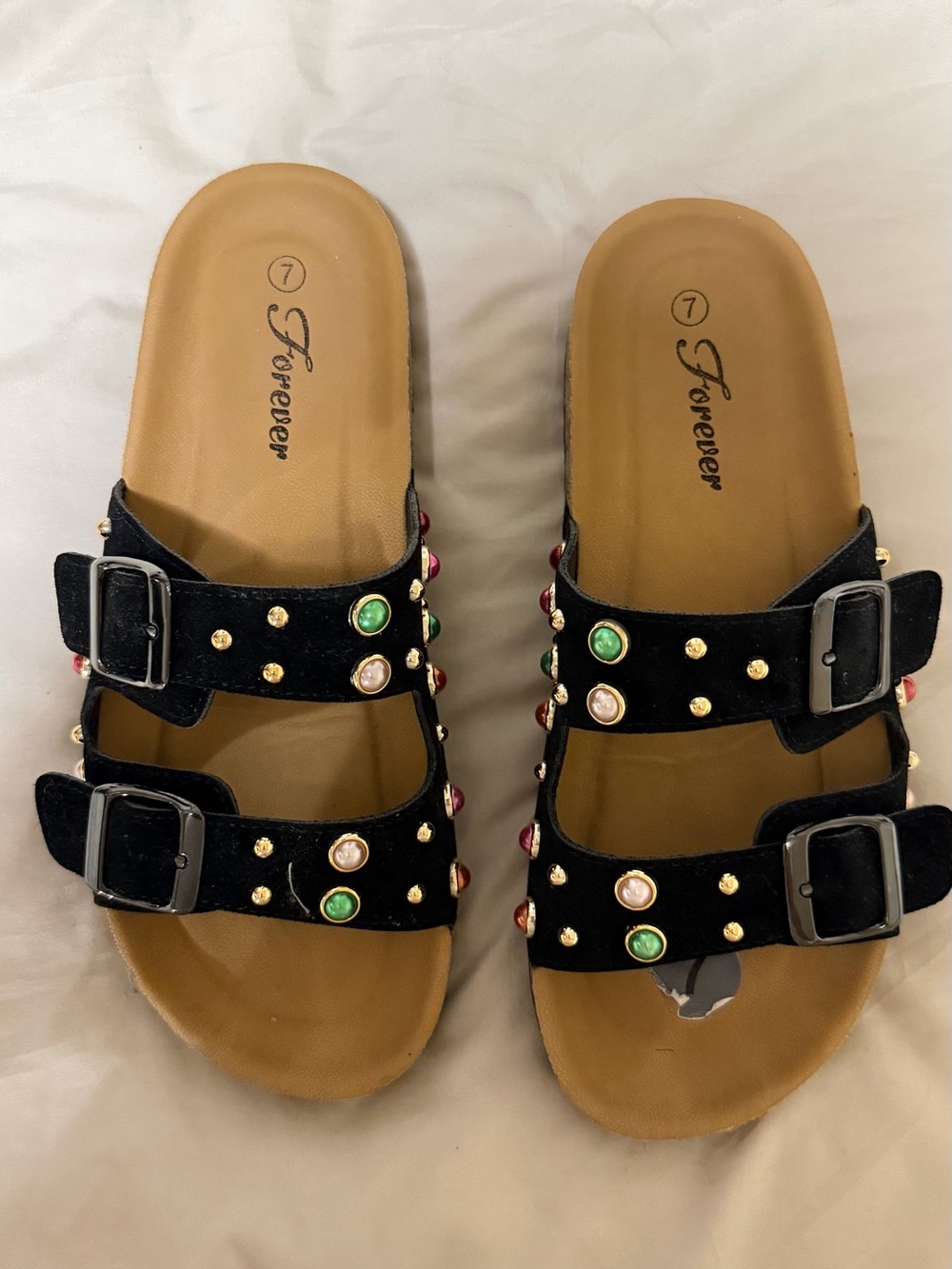 Forever Black Double-Buckle Jeweled Slide Sandals